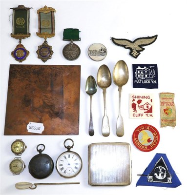 Lot 133 - Two silver pocket watches, silver cigarette case, four silver teaspoons and an engraved metal...