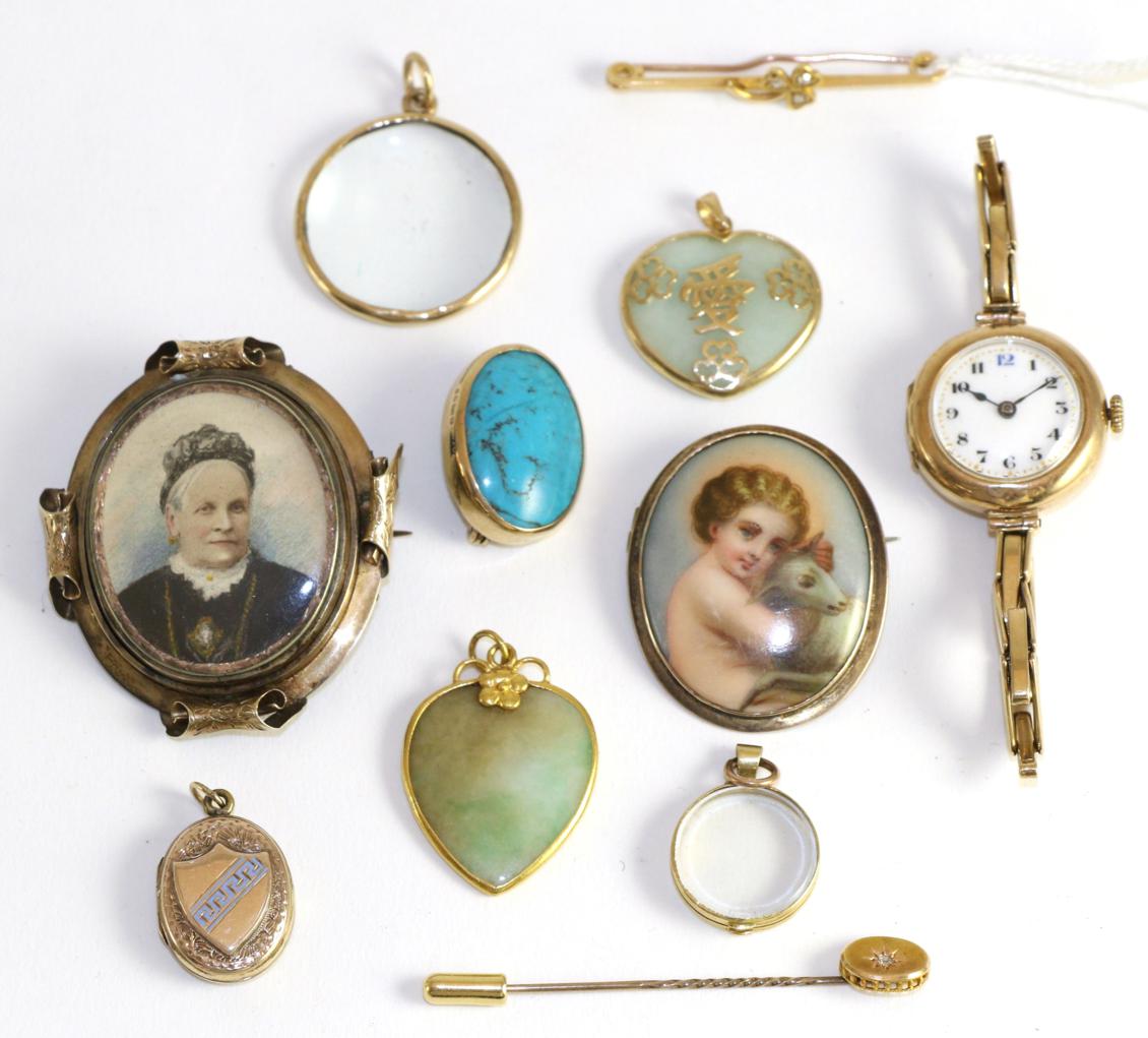 Lot 141 - A group of jewellery comprising two Victorian portrait brooches mounted in yellow metal, two yellow