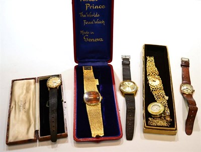 Lot 144 - Two 9ct gold gents wristwatches, two Rotary plated wristwatches, gilt metal pendant watch and...