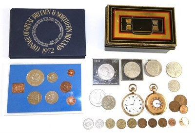 Lot 152 - Two gold plated pocket watches, a 9ct gold ring and a quantity of coins