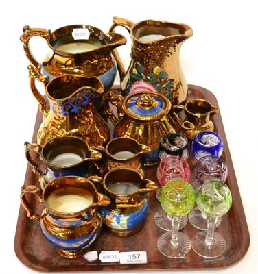 Lot 157 - A set of six cased glass hock glasses, copper lustre ware, brass tray, a Sherrin watercolour...