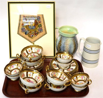 Lot 159 - Paragon china part teaset with fruit bowls; framed needlework panel and two pottery jugs