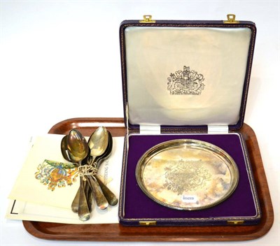 Lot 165 - Eight various silver Old English pattern table spoons and an ERII commemorative silver plate, cased