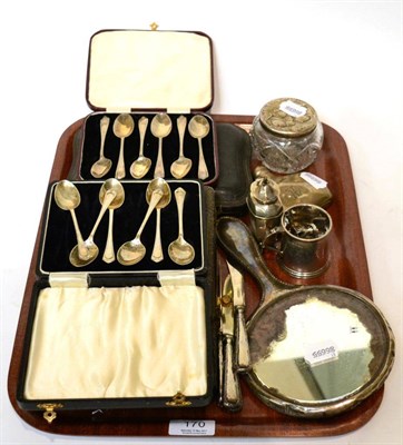 Lot 170 - A quantity of silver items including cased spoons (some incomplete), tea knives, hip flask,...