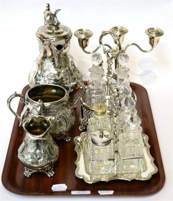 Lot 182 - A quantity of pens, three piece plated tea service, two plated condiments, three branch...