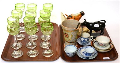 Lot 185 - A set of hock glasses; assorted tea bowl and saucers; pottery horse wall bracket etc