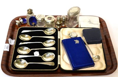 Lot 194 - A cased set of six silver soup spoons, silver sovereign case, silver topped dressing table...