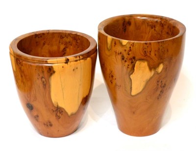 Lot 196 - Terry Harvey: Two burr yewwood vases, made from the same tree in Lancaster, circa 2008, each...