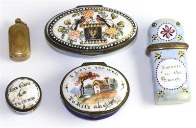 Lot 209 - Four Georgian enamel trinket boxes, together with a brass vinaigrette of similar date