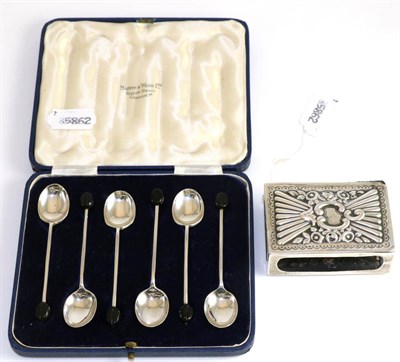 Lot 218 - A set of six silver coffee bean spoons, by Mappin & Webb, Sheffield 1938; together with a late...