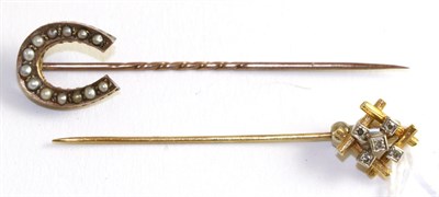 Lot 226 - An 18ct gold diamond set stickpin and a seed pearl set horseshoes stickpin (2)