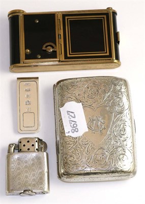 Lot 227 - A silver cigarette case, silver lighter, silver money clip and a gilt metal compact