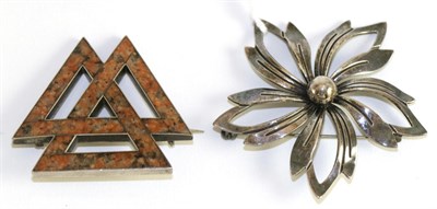 Lot 236 - A silver floral brooch, by N.E From and a hardstone Odin's knot brooch