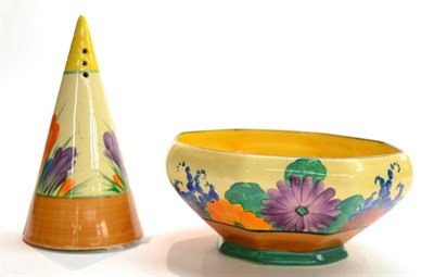 Lot 269 - A Clarice Cliff conical caster and an octagonal bowl, Gayday pattern (2)