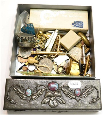 Lot 276 - Assorted silver and costume jewellery, propelling pencils, coins, an Art Nouveau pewter box...