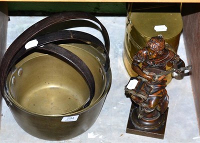 Lot 294 - A bronze figure, female seated on pedestal playing lute; three brass graduated jam pans and...