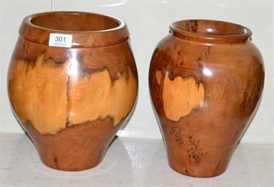 Lot 301 - Terry Harvey: Two burr yewwood vases, made from the same tree in Lancaster, circa 2008, each...