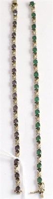 Lot 328 - A 9ct gold emerald and diamond line bracelet and a matching 9ct gold amethyst and diamond line...