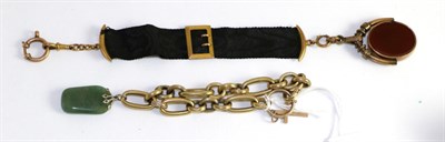 Lot 341 - A hardstone swivel fob on a moire strap with clasp and a fancy link bracelet with nephrite charm