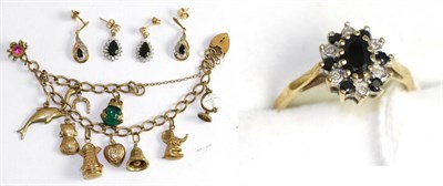 Lot 343 - A charm bracelet, a 9ct gold sapphire and diamond cluster ring and two pairs of earrings