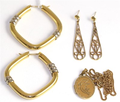 Lot 345 - A pair of 9ct gold hoop earrings, a pair of 9ct gold drop earrings and a 9ct gold locket on...