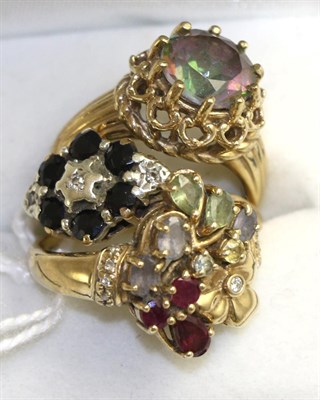 Lot 350 - A 9ct gold mystic topaz ring, a 9ct gold multi-gemstone ring and a 9ct gold sapphire cluster...