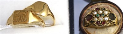 Lot 355 - An 18ct gold signet ring, a 9ct gold signet ring and a 15ct gold gem set ring (3)