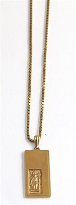 Lot 357 - A 9ct gold St. Christopher pendant on a 9ct gold box link chain