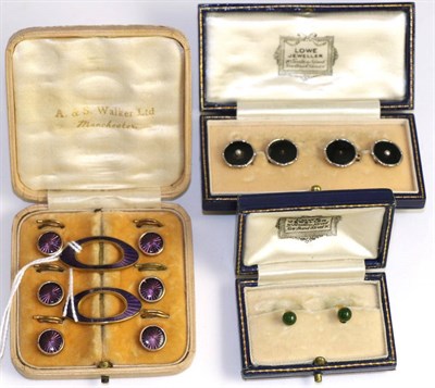 Lot 362 - A pair of nephrite dress studs, stamped '15ct' in a fitted case, a cased set of six purple...