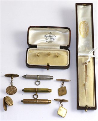 Lot 367 - A cased set of three dress studs, stamped '18CT', a pearl set stick pin, various pairs of cufflinks