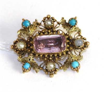 Lot 374 - An amethyst, seed pearl and a turquoise brooch