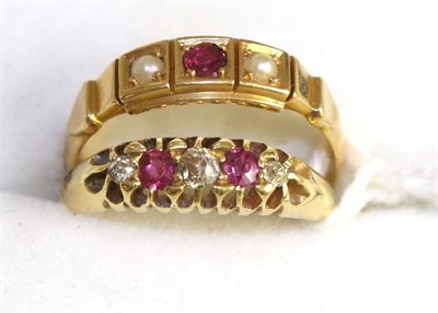 Lot 381 - An 18ct gold ruby and seed pearl ring, finger size L and a ruby and diamond ring, finger size...