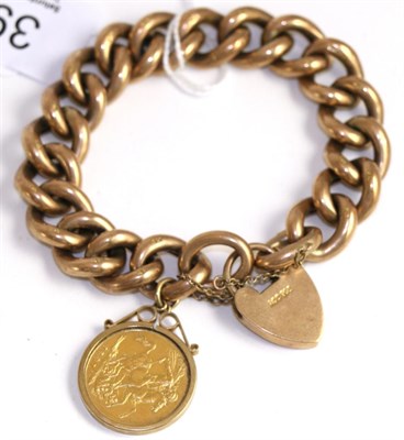 Lot 390 - A curb link bracelet stamped '9CT', with padlock clasp and a loose mount 1887 sovereign