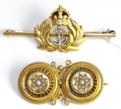 Lot 397 - A navy sweetheart brooch and a Victorian seed pearl brooch