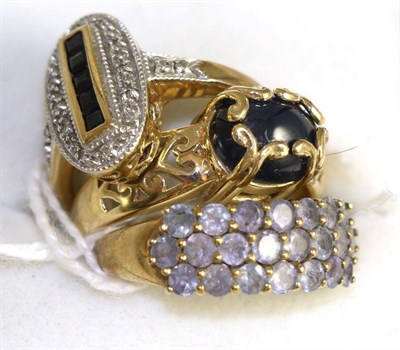 Lot 398 - A 9ct gold sapphire cabochon ring, a 9ct gold tanzanite ring and a 9ct gold sapphire and...