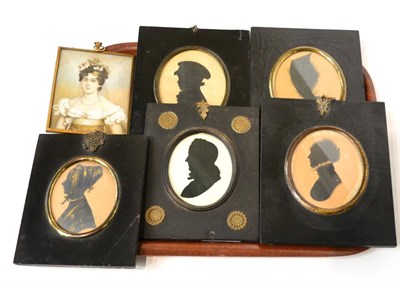 Lot 415 - Five Georgian silhouette portraits and a watercolour miniature portrait of a lady