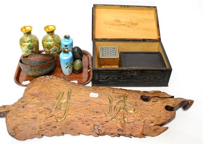 Lot 416 - A group of Oriental items including two Chinese boxes, Chinese carved wooden sign, temple...