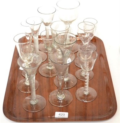 Lot 420 - A tray of various 18th and 19th century twist stem liqueurs, wines, etc