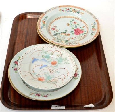 Lot 421 - Four various Chinese export famille rose plates and dishes, late 18th century together with a...