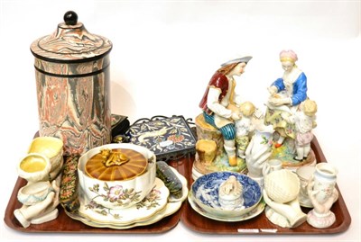 Lot 428 - Two Continental figures, a marble jar and cover, four 19th century tea bowls and other ceramics and