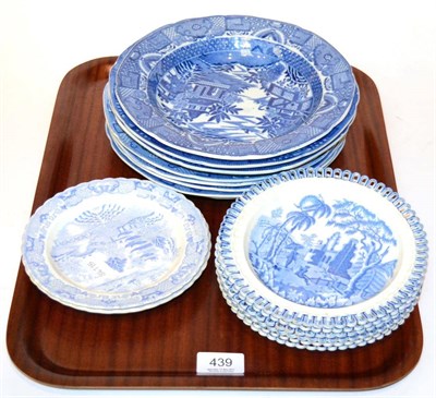 Lot 439 - A set of six Davenport blue and a white transfer printed dishes, pierced basketwork borders...