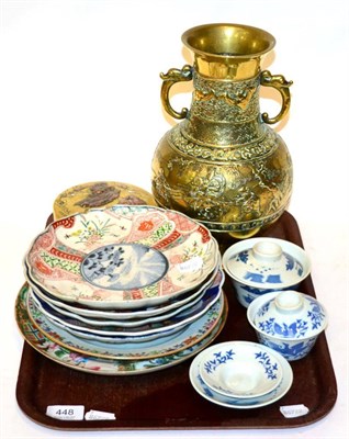 Lot 448 - A Chinese brass box, vase and oriental plates