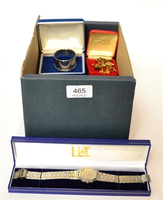 Lot 465 - A 9ct gold albert, a 9ct gold ring, a paste set eternity ring, various cufflinks, two watches,...