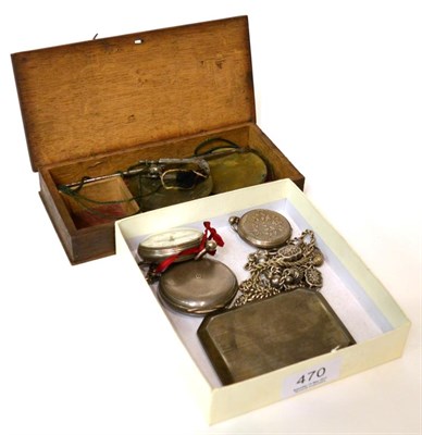 Lot 470 - Two silver pocket watches, lady's fob watch stamped Baume, Geneve, three chains, cased scales,...