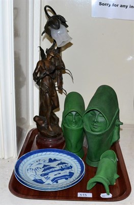 Lot 515 - Two blue and white Chinese plates, three art pottery green heads, a Spelter table lamp and a...