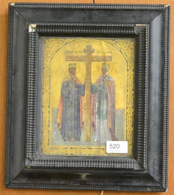 Lot 520 - A Russian icon, 19th century, painted with the Cross flanked by two saints on a gold ground...