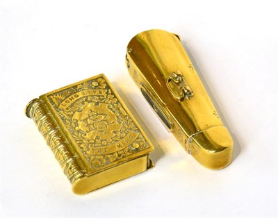 Lot 586 - An Edward VII brass book form vesta, circa 1901, together with a brass violin case form vesta/...