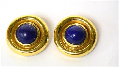 Lot 593 - A pair of 18ct gold lapis lazuli clip earrings