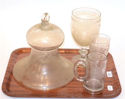 Lot 596 - Two 19th century glass smoke shades, two Victorian etched glass goblets and an etched glass tankard