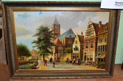 Lot 1009 - A 20th century oil on board Dutch canal street scene signed W Hey Koop